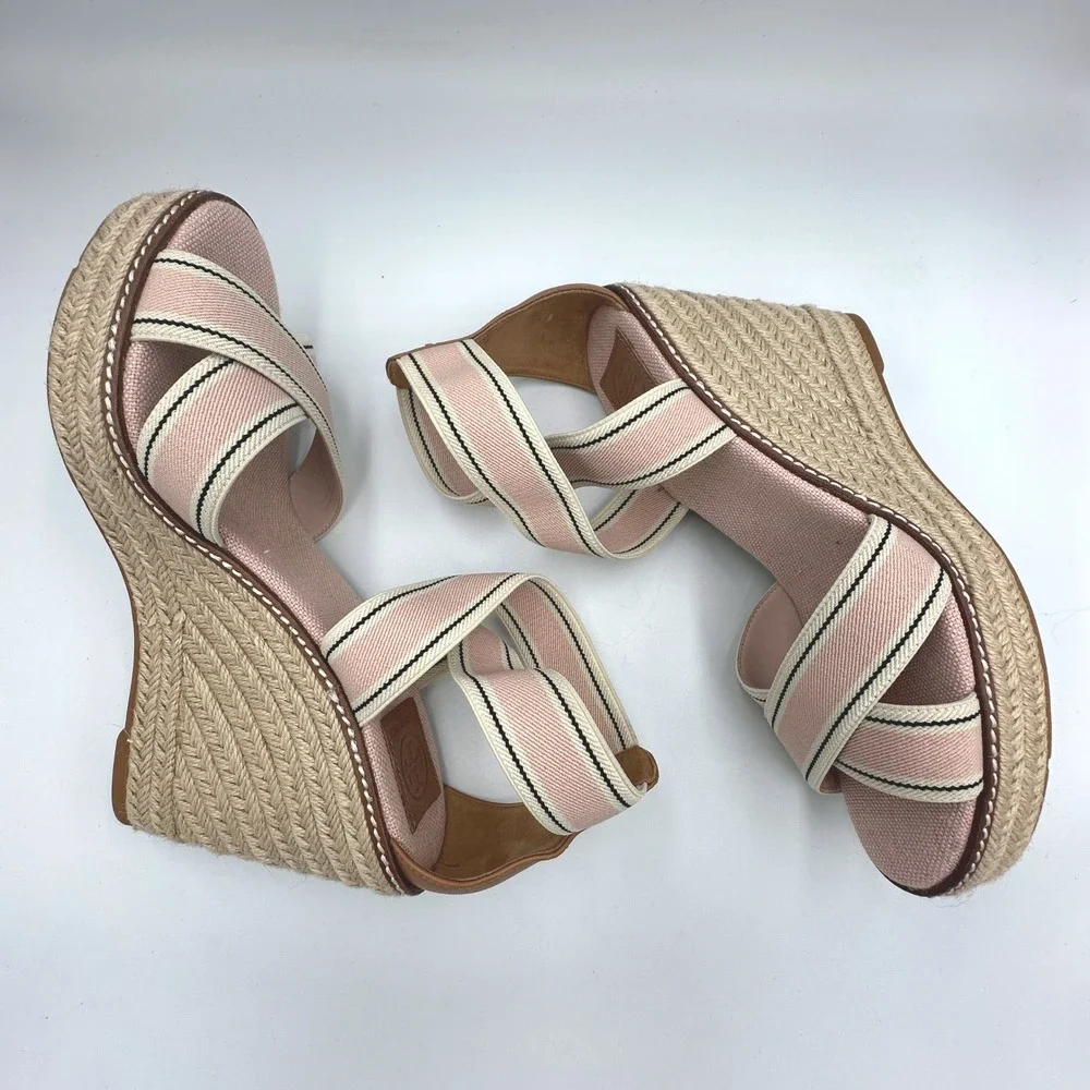 Tory Burch Frieda Espadrille Platform Wedge Sandals Pink Striped Canvas US 10